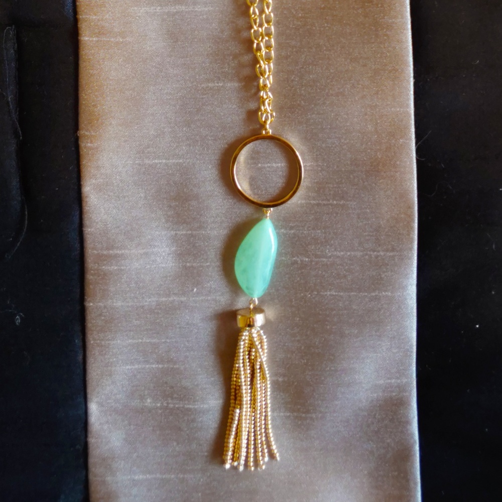 Gold Long Tassel Necklace with Coral Stone